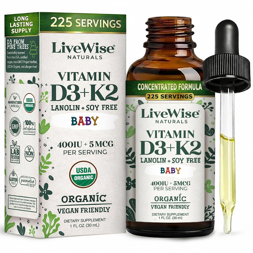 LiveWise Naturals Baby Vitamin D3-K2 Liquid Supplement, 유아 및 유아를위한 비타민 드롭, 건강한 성장, 개발 및 일일 웰빙, 유리 병에 사용하기 쉬운 Dropper, 1 Fl Oz