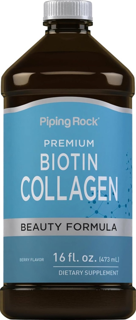 Piping Rock Liquid Collagen and Biotin 16 fl oz | 프리미엄 뷰티 포뮬레이션 | 유형 1 및 3 | 베리 맛 | 비 GMO 및 글루텐 무료