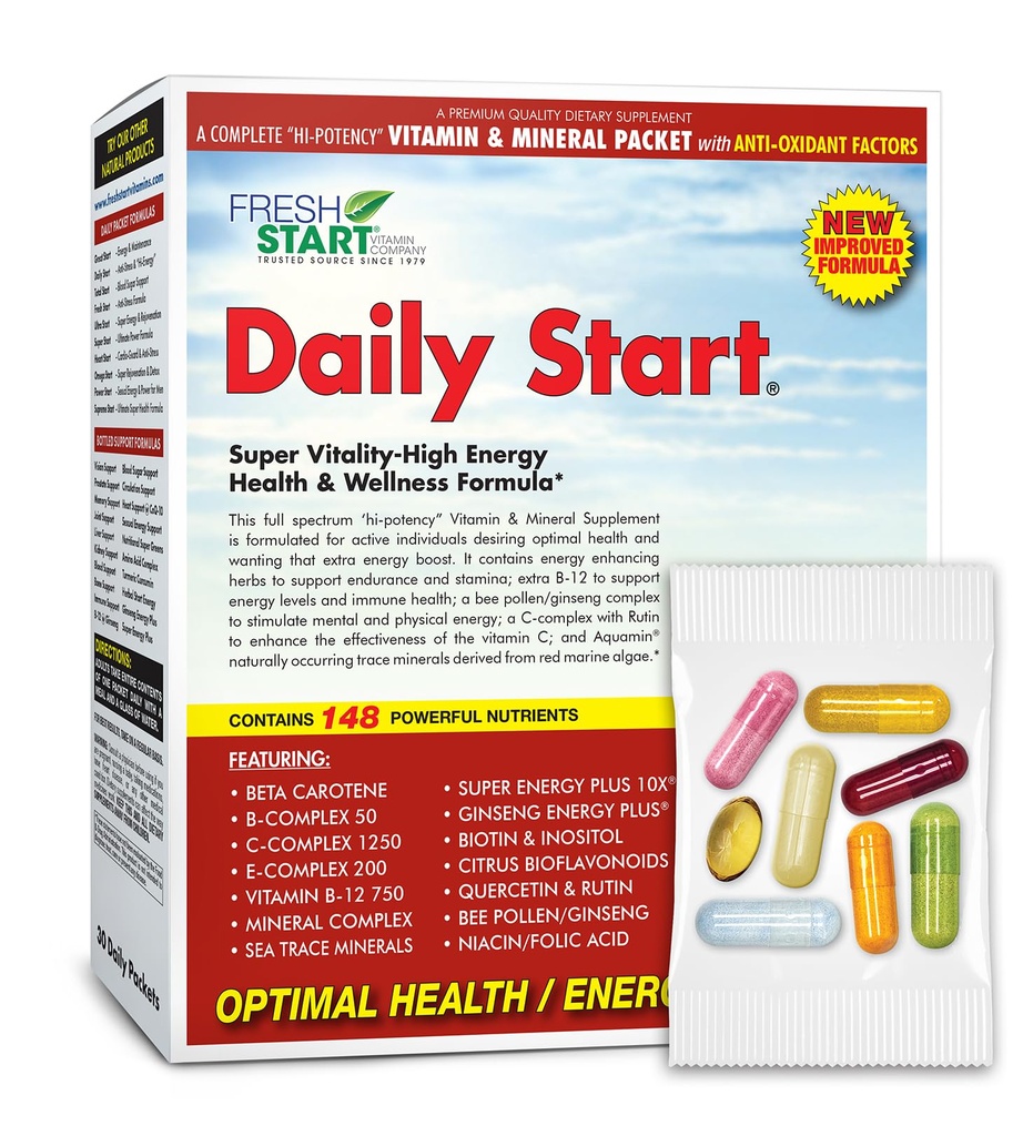 Daily Start Complete Daily Vitamin Pack | 10X 에너지 및 체력 부스터 | 비타민 A, B, C, D, E, B12, 미네랄, Ashwagandha, Panax Ginseng, Yerba Mate, 그린티 (30 패킷)