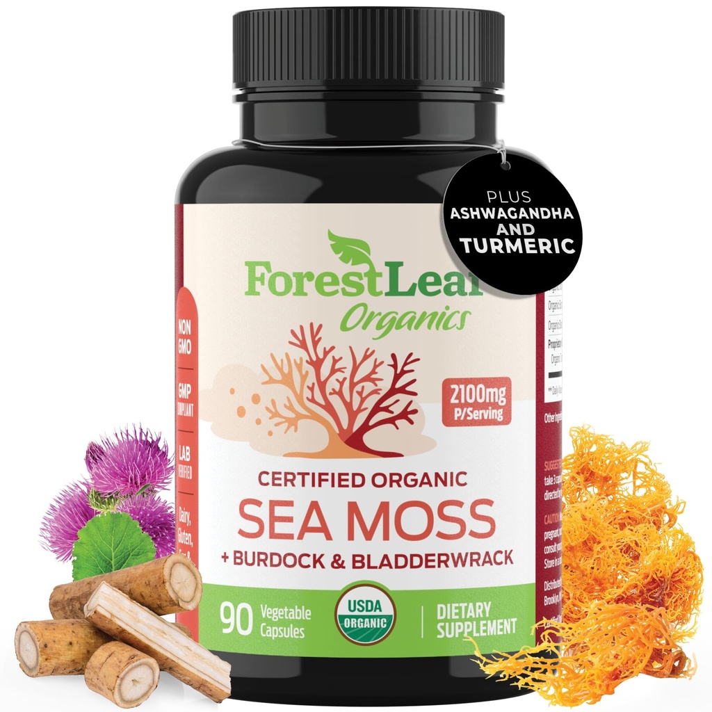 ForestLeaf Organic Irish Sea Moss Capsules | 2100mg Raw Seamoss Pills Advanced Supplement Superfood + Burdock, 소화, 호흡기, 면역 건강을위한 Bladderwrack | 90 Vegan Organic Sea Moss Cap