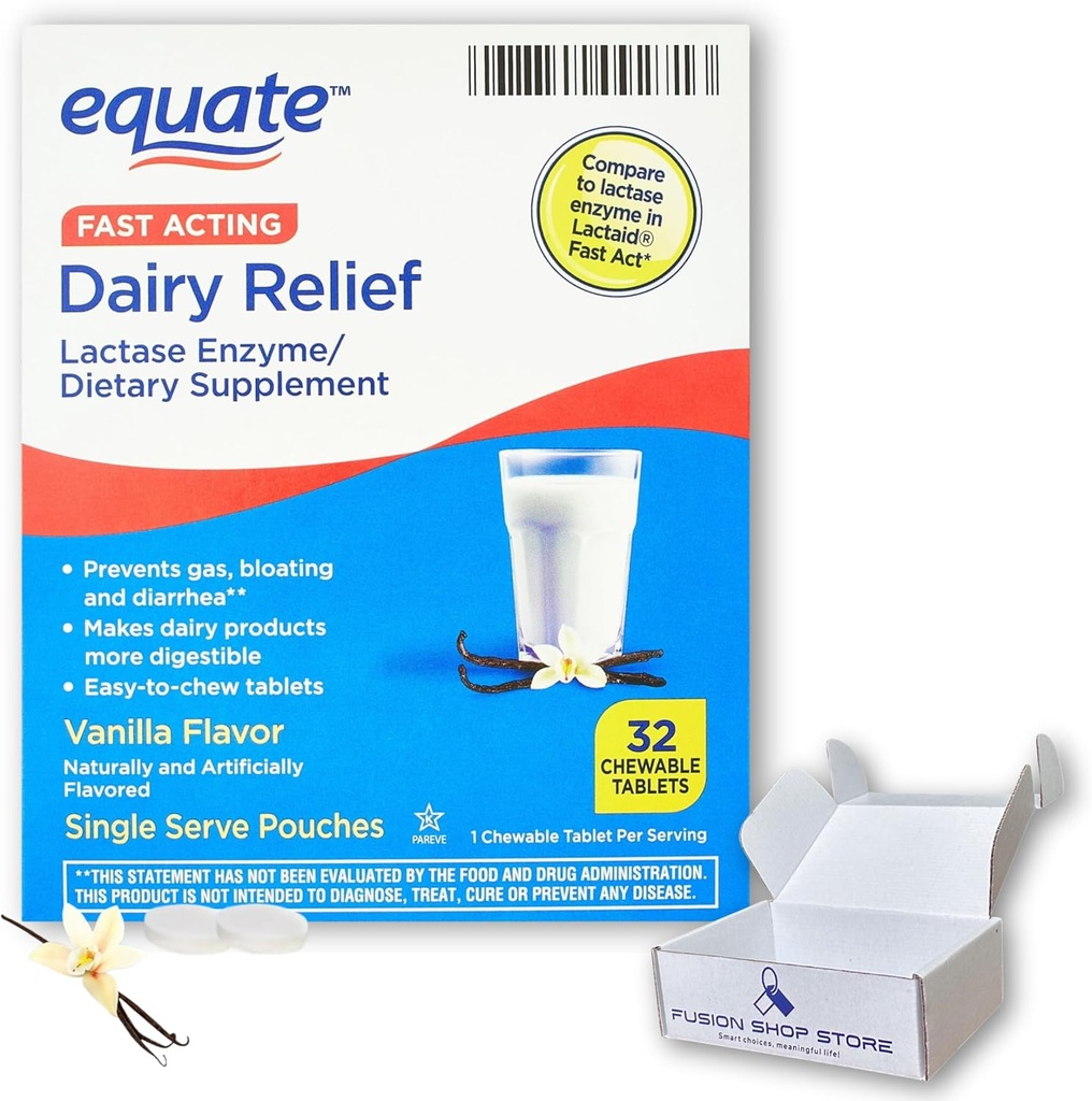 Lactose Intolerance를 위한 낙농약 알약 - 빠른 행동 기복 바닐라 풍미, 32의 chewable 정제, Lactaid Chewables, Lactase 효소 (팩의 1), Fusion 상점에 의해 복종하는