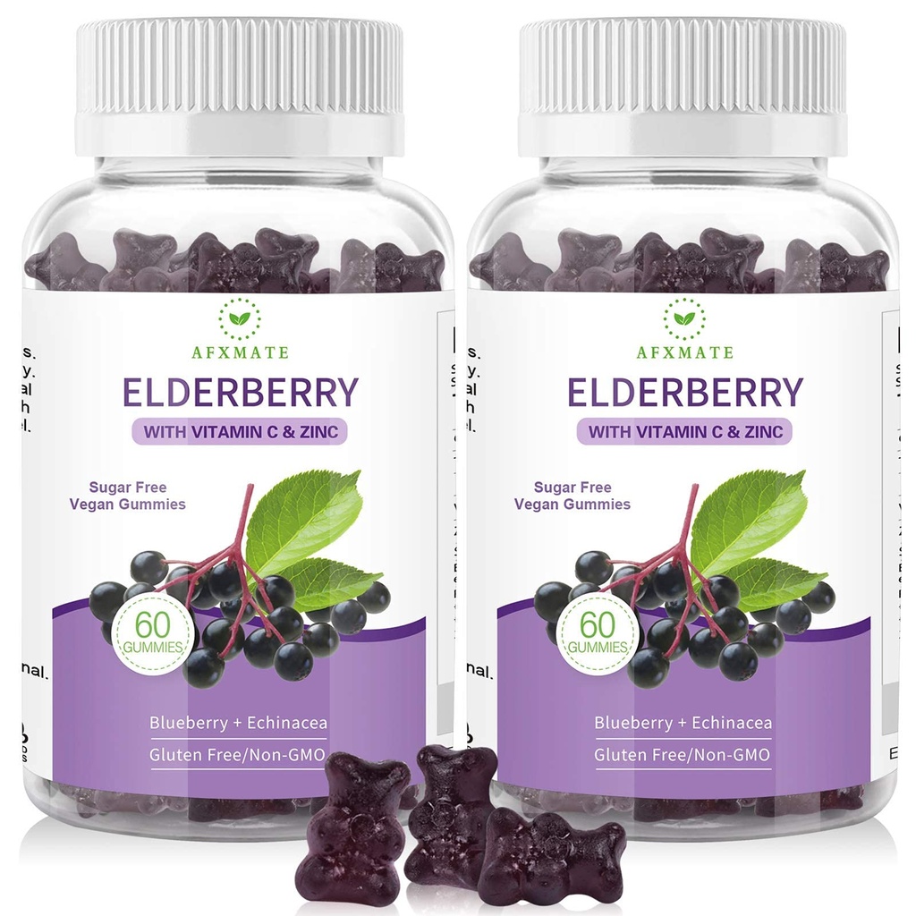 AFXMATE Sambucus 검정 Elderberry Gummies와 아연과 비타민 C 성인 아이 면역 지원, 설탕 무료 120 조사