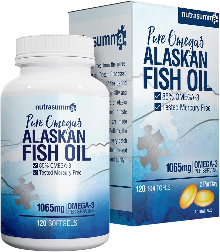 Nutrasumma 높은 순화 오메가 3 보충 야생 알래스카 물고기 기름 Burpless & 물고기 맛 없음, 1250mg 물고기 기름 softgels의 650mg EPA &270mg DHA, 글루텐 자유로운, 심장, Brain& 면역 지원, 60의 서빙