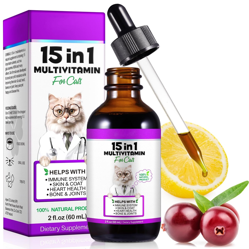 Cat Multivitamin, 1개의 고양이 비타민 액체 하락에서 15는 심장 건강, 뼈, 합동, 피부 & 외투, 방광, 면역 체계 지원 60ml를 위한 보충합니다