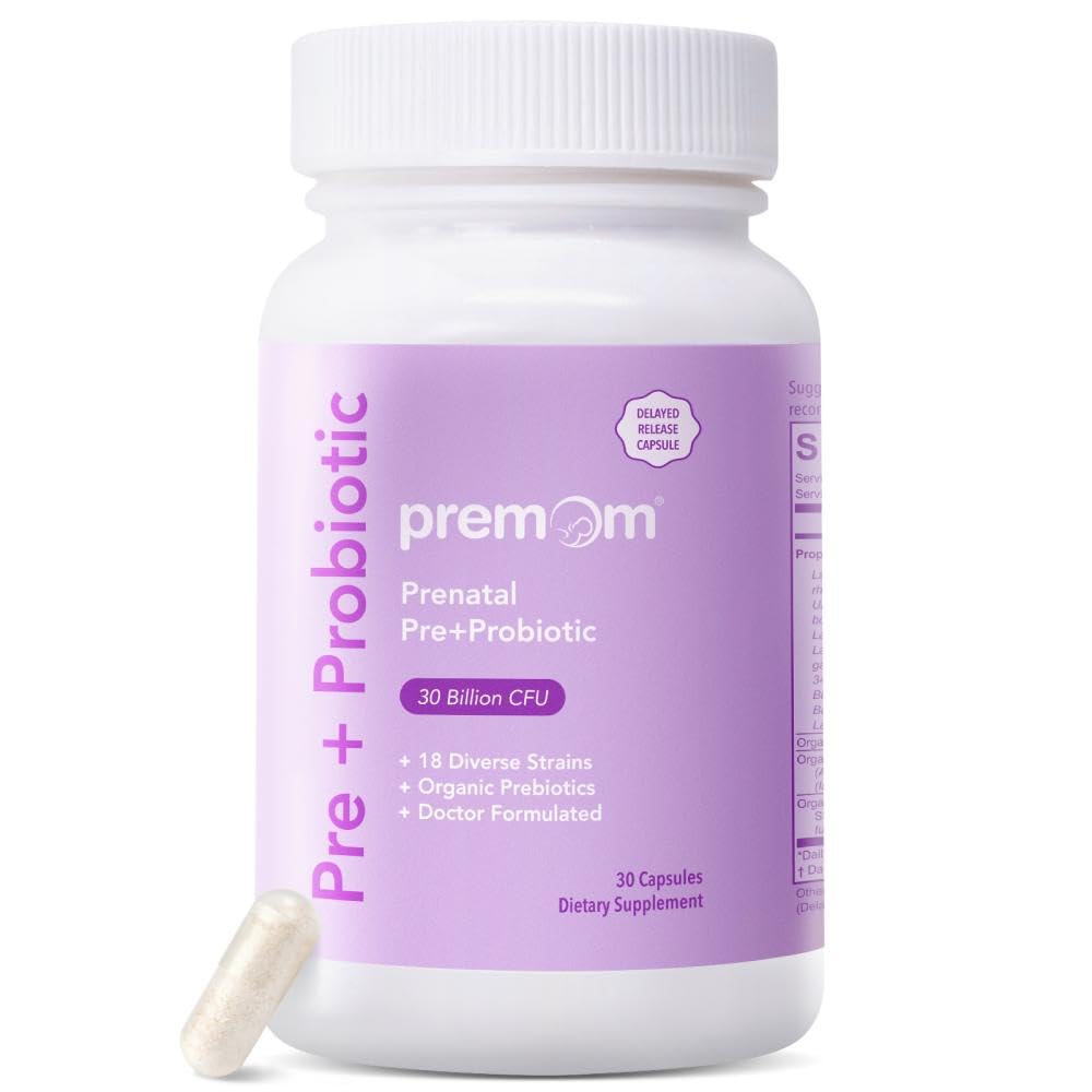 여성을위한 Premom Prenatal Pre & Probiotics : 18 Diverse Organic Prebiotics Strains - Digestive, 30 Billion CFU, Gut & Immune 건강 지원 - 매일 캡슐