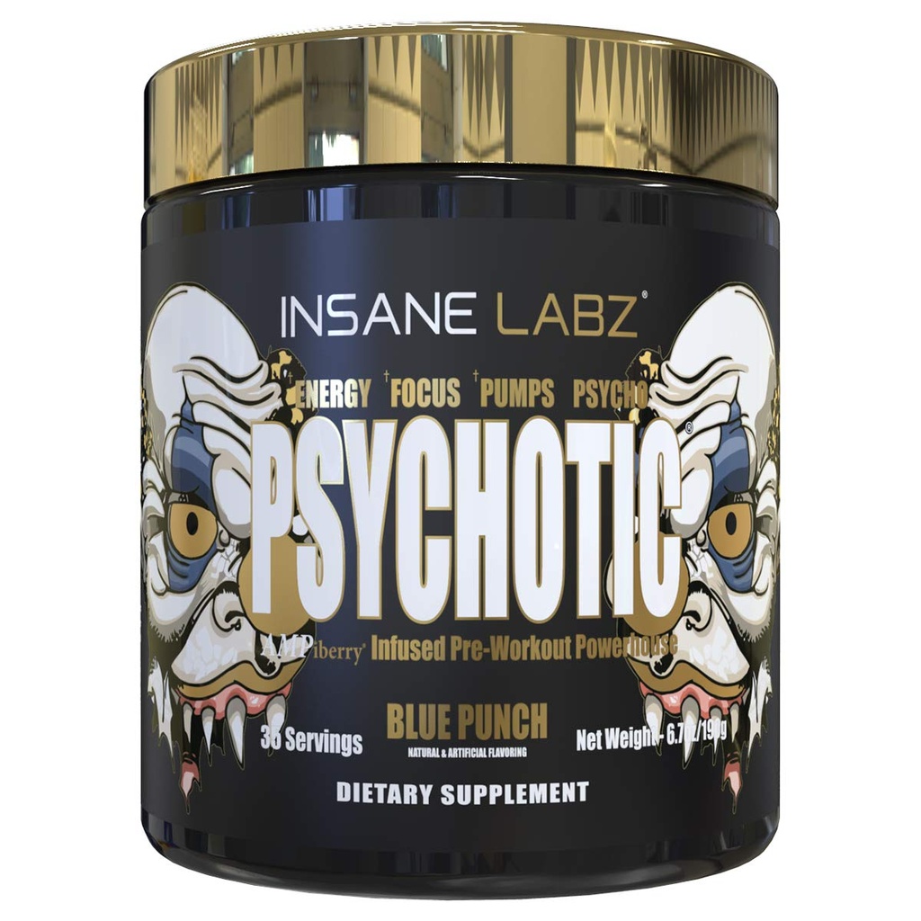 Insane Labz Psychotic Gold, High Stimulant Pre Workout Powder, Extreme Lasting Energy Focus, Beta Alanine, DMAE Bitartrate, NO Booster (35 서빙, 블루 펀치)와 펌프 및 내구시간