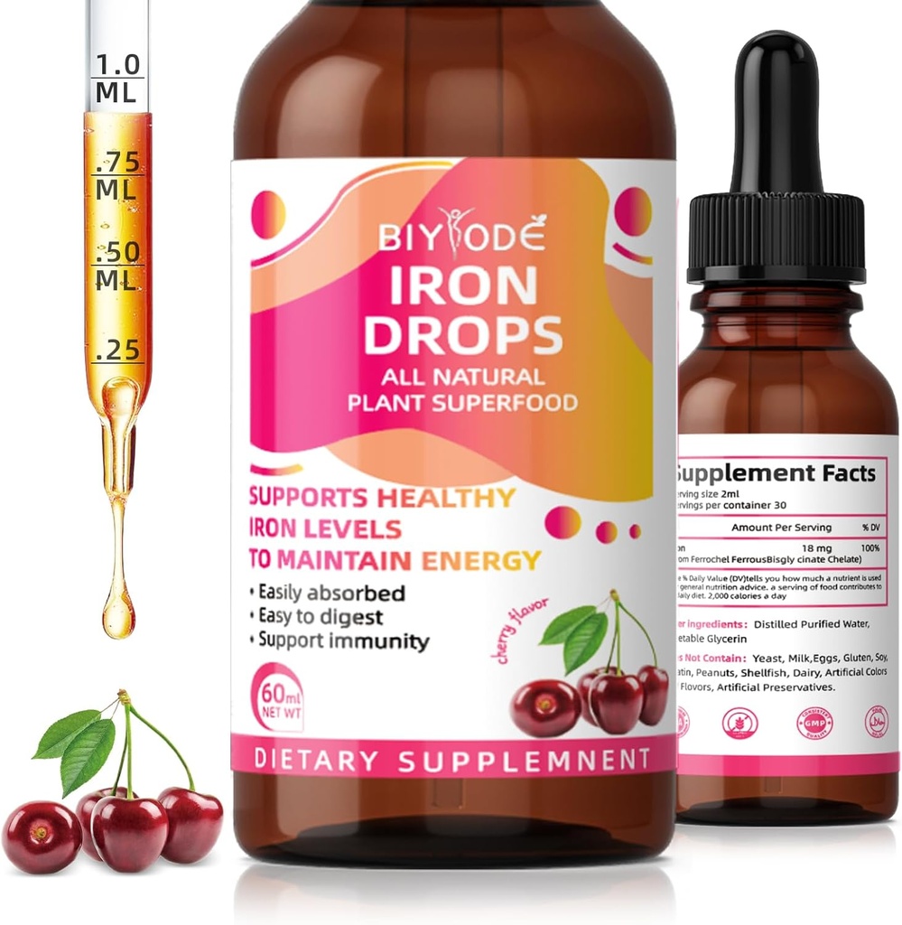 여성 드롭을위한 철 보충 : 비타민 C B12 및 Folic Acid Gentle Absorption Energy Support Non-Constipating Formula Vegan Sugar-Free Drop과 액체 철 보충