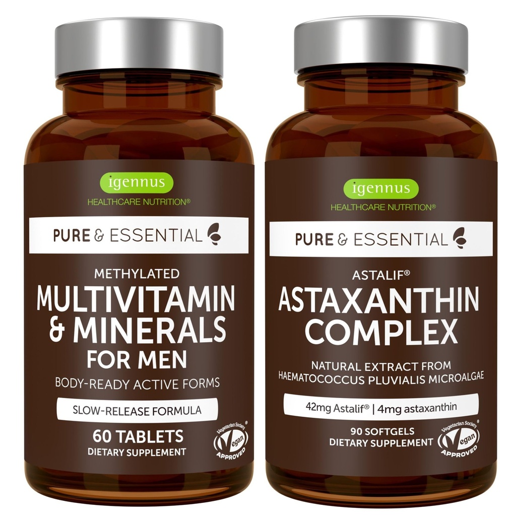 남성 + Astaxanthin Complex Vegan 번들을위한 멀티비타민 및 광물, 강화 된 릴리스 고급 멀티비타민 + 4 mg H. Pluvialis Natural Astaxanthin, Igennus