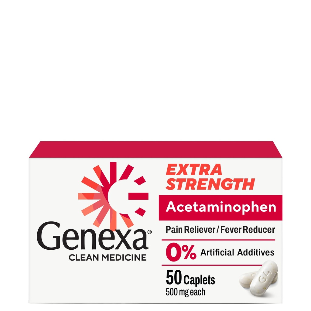 Genexa 청결한 Acetaminophen 500mg 여분 힘, 염료 자유로운 고통 Reliever Fever 흡진기, 성인을 위한 0% 인공 첨가물, 고통 약, Relieves 두통, 두통 관절염 고통, 50의 정제