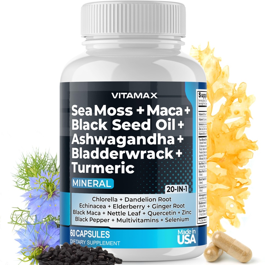 Sea Moss Maca Black Seed Oil Ashwagandha Bladderwrack Turmeric - Manuka Honey, Elderberry, 비타민 C 및 D3, Dandelion 및 Black Pepper - Non-GMO - Vegan - 미국에서 제작 - 60ct