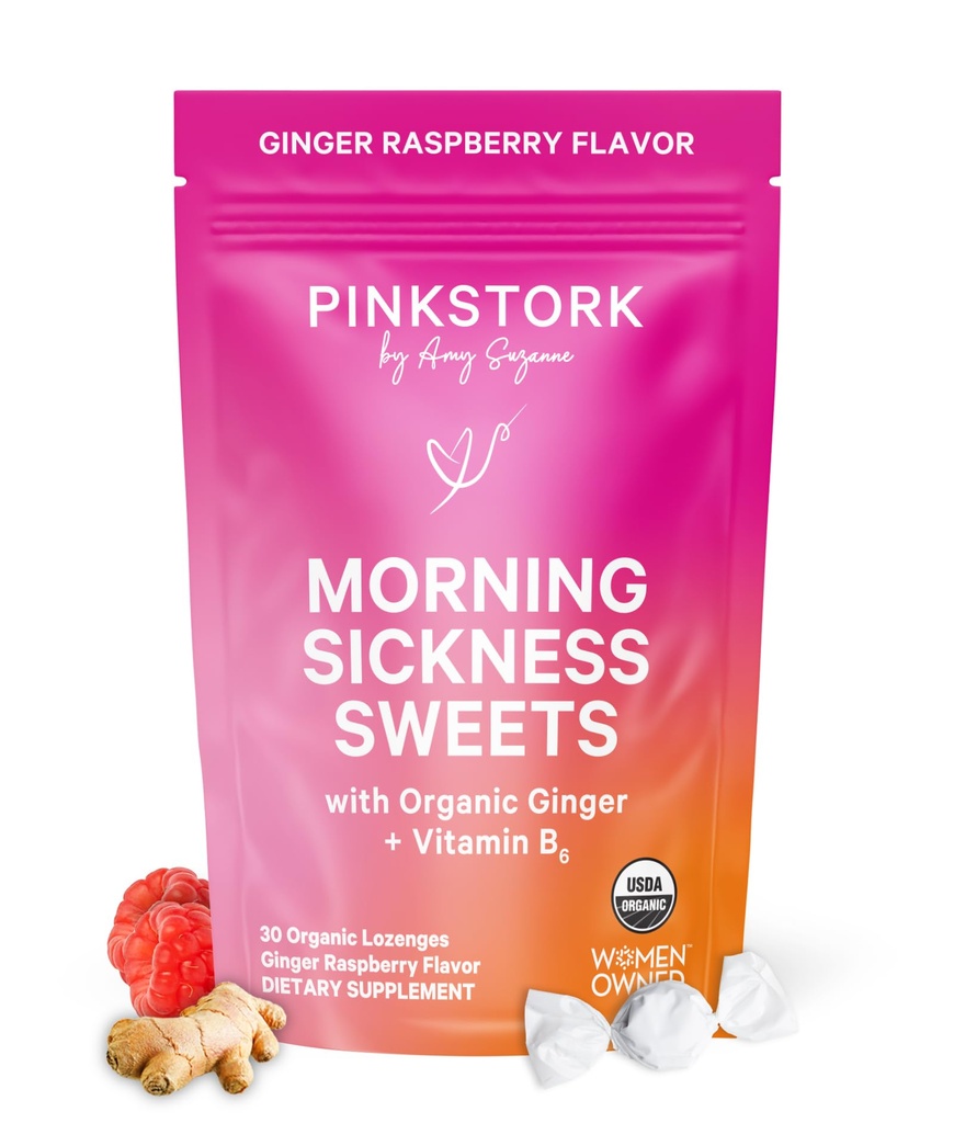 핑크 Stork 아침 Sickness 과자, 비타민 B6와 유기 라즈베리 생강 캔디, 모션 Sickness에 대한 지원, Prenatal Heartburn - 임신 필수 - 30 포장 드롭