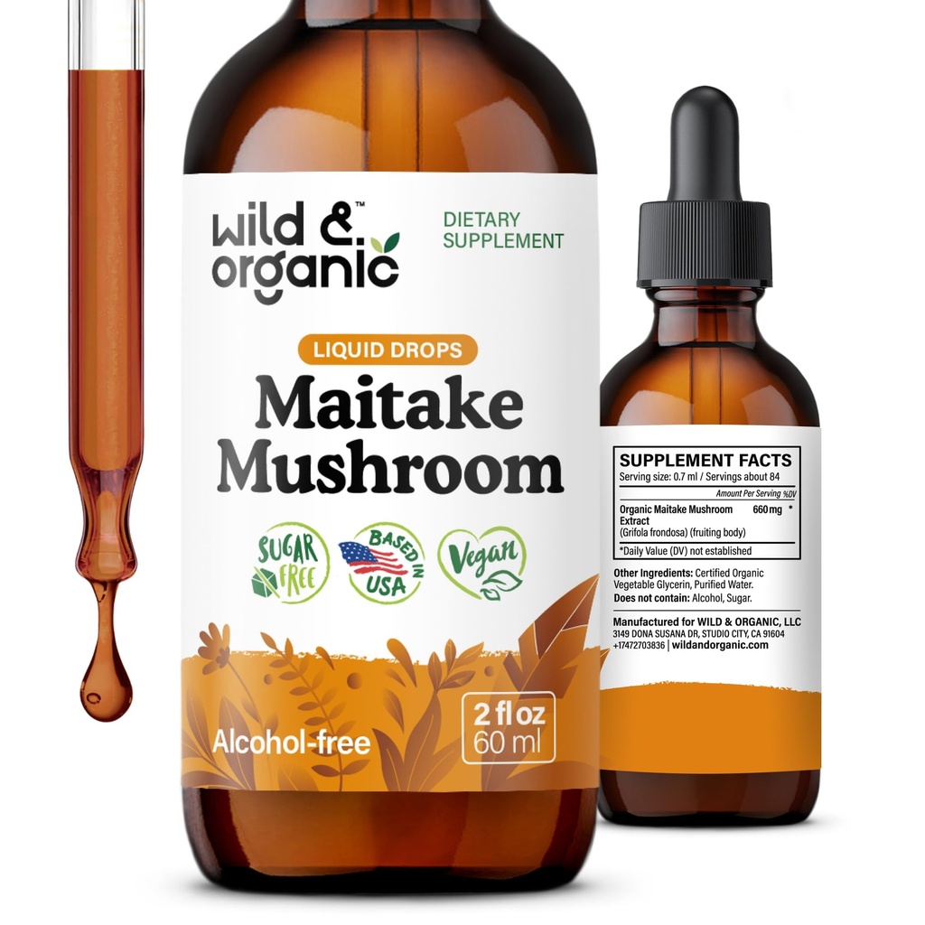 야생 & 유기 Maitake 버섯 드롭 - 면역 지원을위한 액체 버섯 보충 - Maitake Extract Tincture - Vegan, Sugar & Alcohol-Free - 2 fl oz
