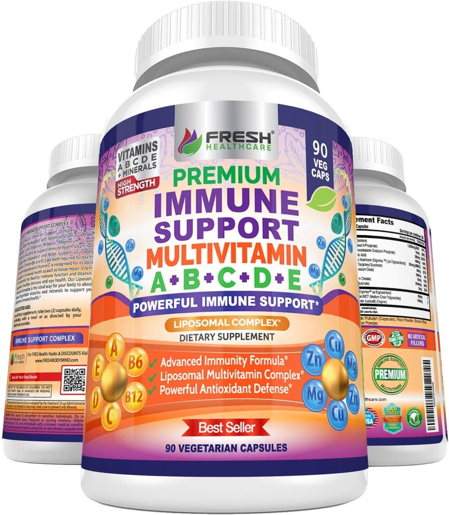 비타민 A, B, C, D, E, B6, B12를 가진 남자와 여자를 위한 면역성이 있는 지원 Multivitamin - 강화된 흡수를 위한 Liposomal Complex를 가진 아연, 마그네슘 및 구리 - 매일 산화 방지제 Boost - 90 Vegan 모자