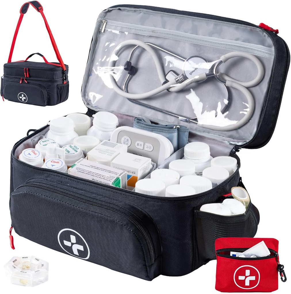 Mini Medication Bag, Double Layers First Aid Kit Bean, Lockable Pill Bottle 주최자, 대형 Medication Storage, Travel Emergency Carrying Case를 갖춘 BAGSFY Travel Medicine Bag 주최자.
