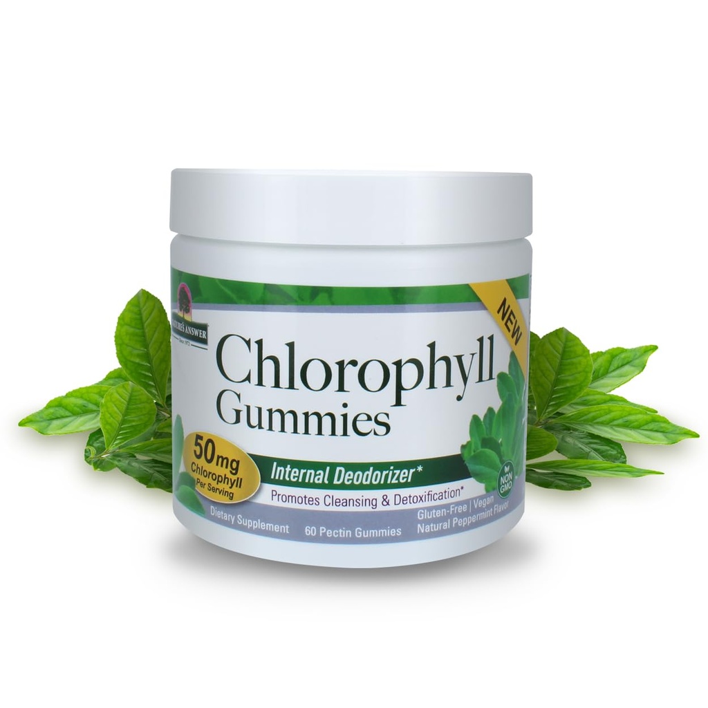 Nature's Answer Chlorophyll Gummies 60 Count | 자연적인 내부 탈취제* | 피부 & 머리 지원 | 면역 지원 | 젤라틴 무료 | 비 GMO | G Free |
