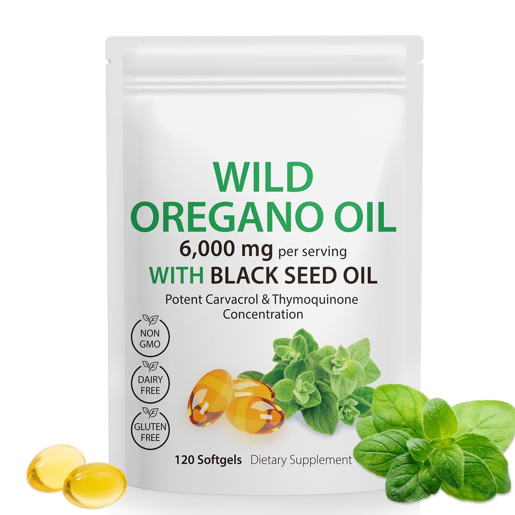 Oregano Softgels의 기름 - 까만씨 기름 200mg 캡슐, 120 조사, 유력한 Carvacrol & Thymoquinone, 비 GMO, 낙농장 자유로운, 글루텐 자유로운을 가진 야생 Oregano 기름 6,000mg