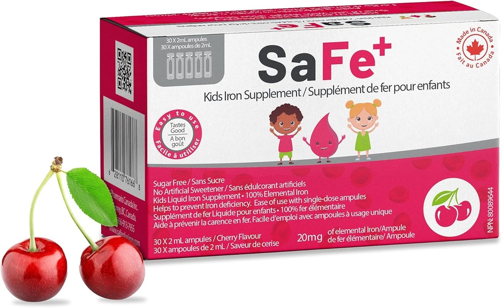 어린이를 위한 SaFe+ 액체 철 | 훌륭한 타스팅 체리 맛 | ampule 당 20mg/2mL 철 사용 OK | 30 Unit-Dose (2 ml 각각) I Sugar Free & Allergen Free I maintain Physical & Mental Wellbeing