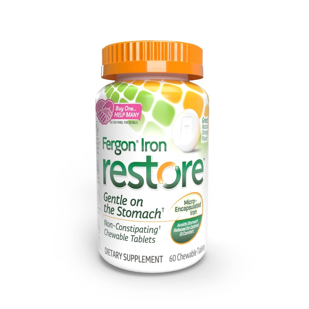 Fergon Iron Restore Chewable Tablets - Stomach, Non-Constipating - 에너지 지원을위한 27mg Iron - 60 정제