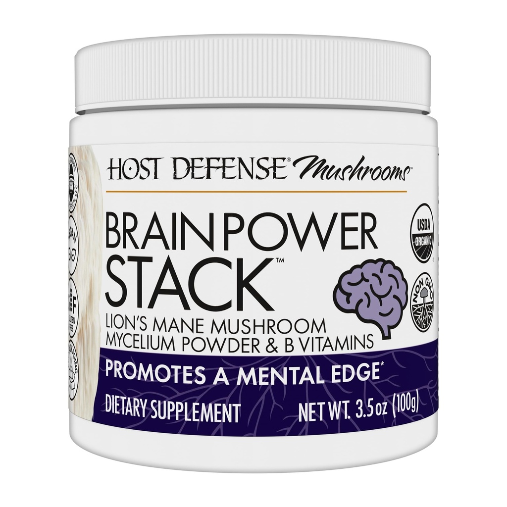 Host Defense BrainPower Stack Powder - 대상 뇌 지원 보충교재 - Lion 's Mane, Niacin (B3) 및 비타민 B12와 분말 버섯 보충 - 초본 두뇌 지원 - 100g (66 서빙) *