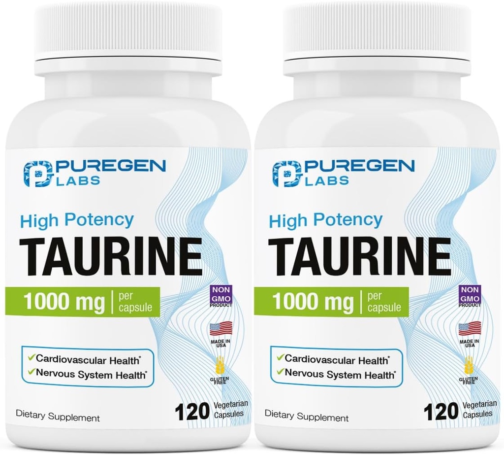 Puregen Labs 타우린 1000mg [고전력] 총 240 Veg 캡슐 | Harmful additives | Non-GMO, NO Gluten 및 Dairy, 지원 심장 건강 및 근육 회복 | 미국에서 만든