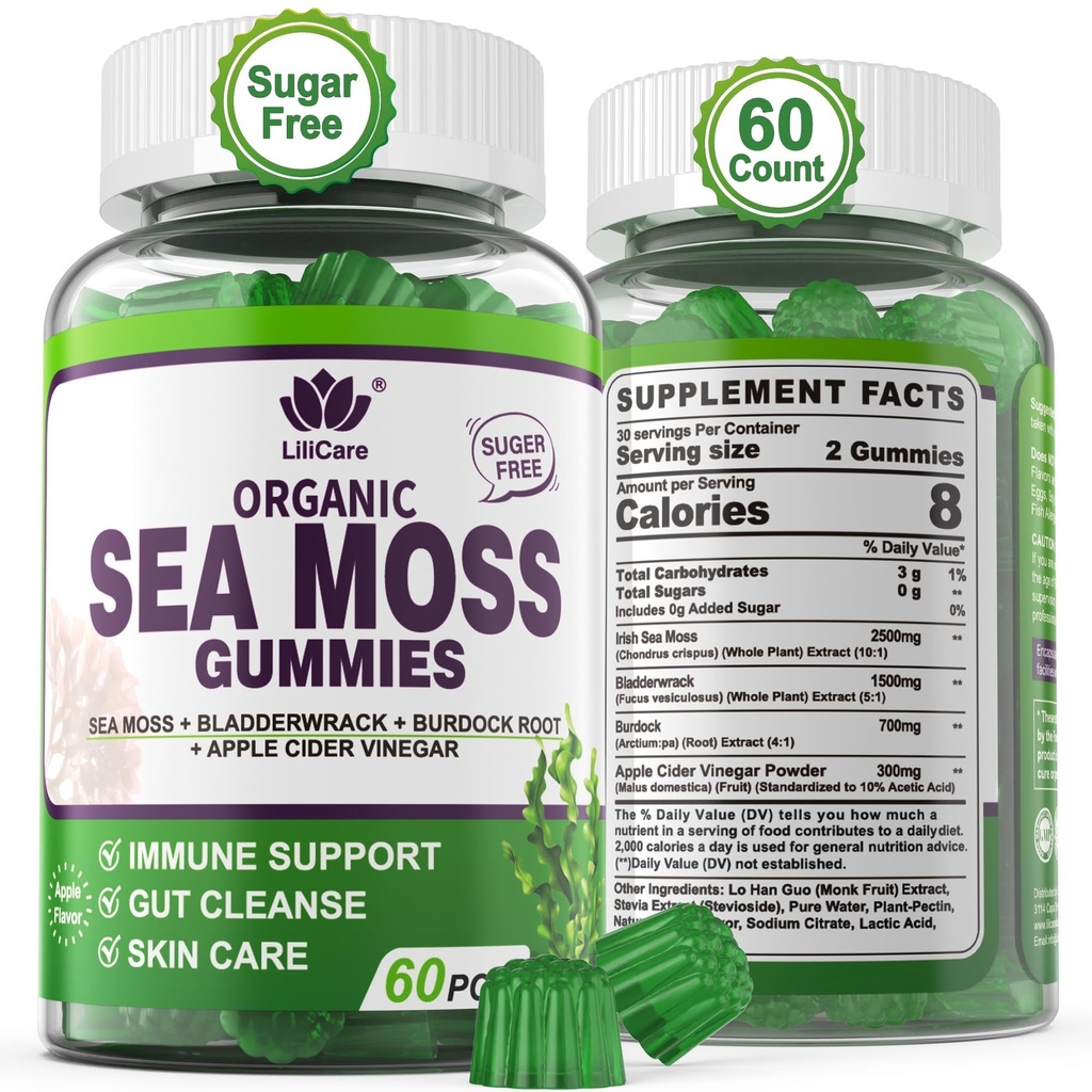 Sea Moss Gummies - 성인 및 어린이를위한 아일랜드어 Sea Moss Gummies - 유기 Bladderwrack 및 Burdock 뿌리 추출물, 매일 면역, Gut Cleanse, Vegan, 60 조사와 고급 Superfood Seamoss 보충