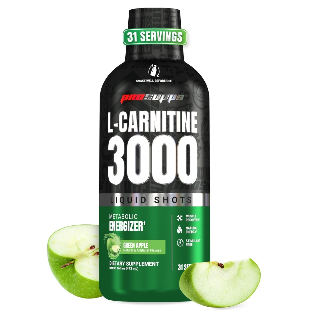 PROSUPPS L-Carnitine 액체 3000, 남성 및 여성을위한 Stimulant-Free 액체 샷 - 에너지, 성능 및 근육 회복을위한 깨끗한 운동 음료 - 설탕 없음, 캐비넷 없음 - 31 서빙, 그린 애플
