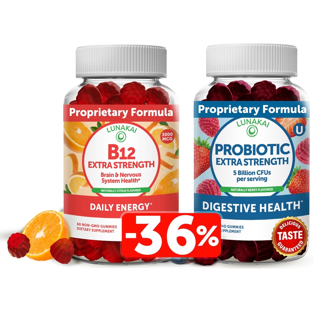 Lunakai 비타민 B12 및 Probiotic Gummies 번들 - 성인 에너지 지원 및 뼈 건강을 위해 3000 mcg 거미 - 여성 및 남성을위한 비타민 C와 소화 Gut 건강을위한 5 억 CFUs
