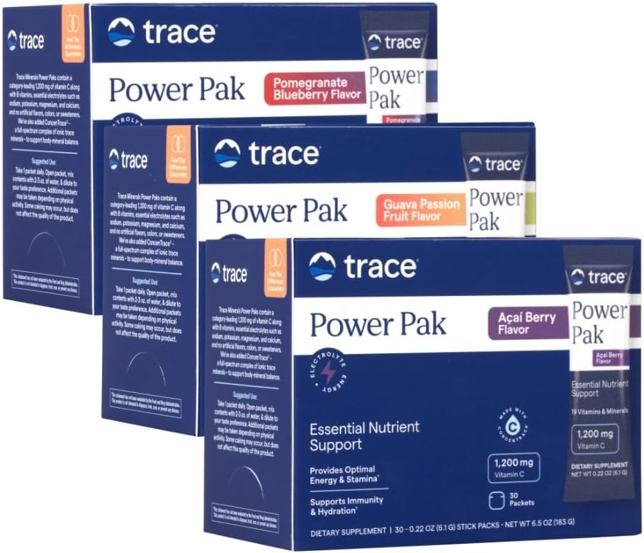 Trace 무기물 힘 Pak Multivitamin와 Multimineral Packets - 전해질 지원 - 1200 mg 비타민 C 플러스 70 Acai Berry, Blueberry 석류 및 Guava 다양성 - 90 패킷