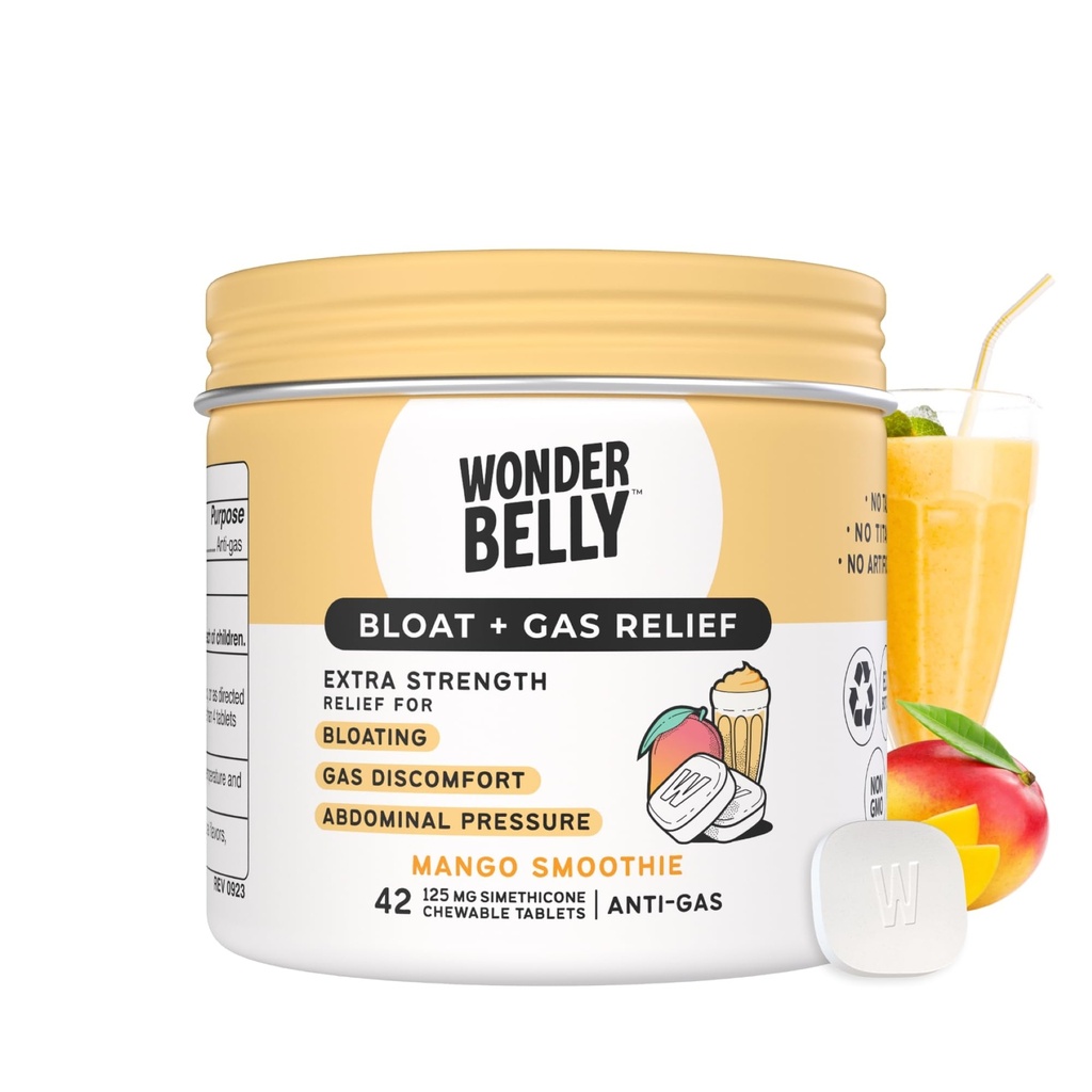 Wonderbelly Bloat + 가스 구호, 125 mg Simethicone, Talc 또는 염료, 망고 스무디, 42 카운트와 함께 여분의 강도 치블 정제