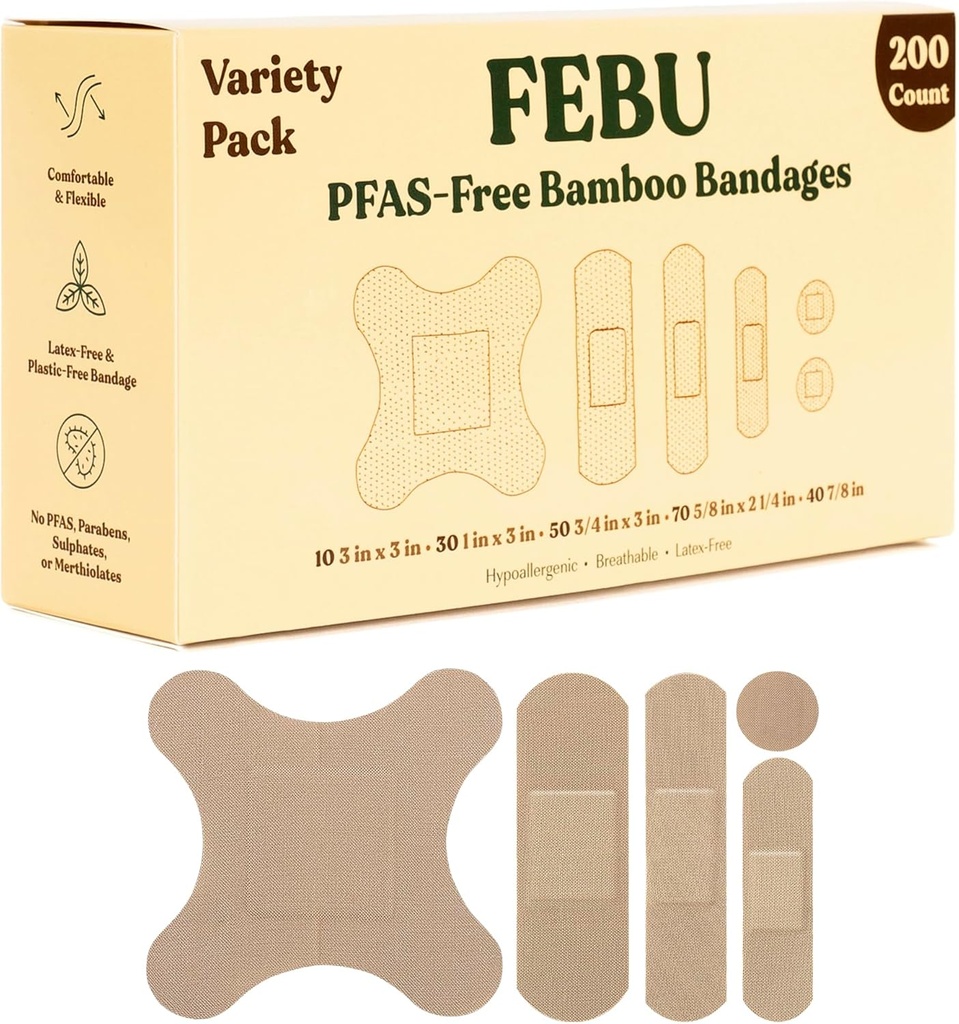 FEBU Eco-Friendly Bamboo Fabric Bandages | PFAS Free Bandages for Scrapes & Cuts | 유연한 직물 붕대 | 완전 퇴비 가능, 유액 무료 붕대 | 200 Count Bulk Variety