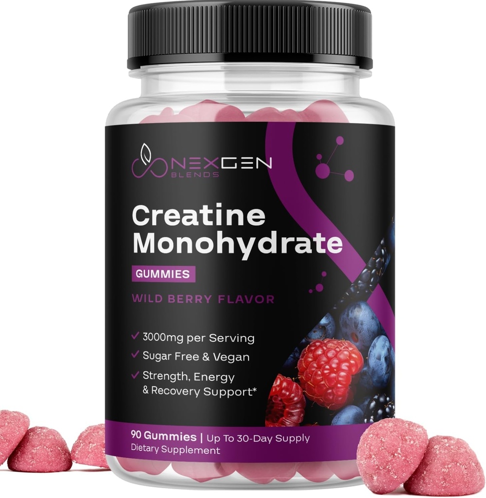 Sugar Free Creatine Monohydrate Gummies - 여성을위한 Vegan Creatine Gummies & 3 Creatine Chews 지원 에너지 및 복구 - 글루텐 무료 및 비 GMO - 야생 Berry 맛 90ct