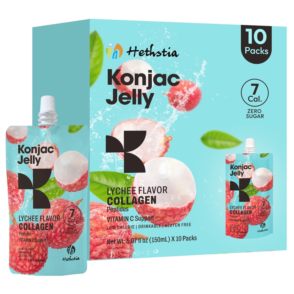 Hethstia Konjac Jelly, Lychee Konjac Jelly 10 파우치 Collagen Peptides, 낮은 Calorie 음료 Litchi Jello, 비타민 C 라이트 스낵, 설탕 무료, Keto, 글루텐 - 무료, 건강한 음식 선물