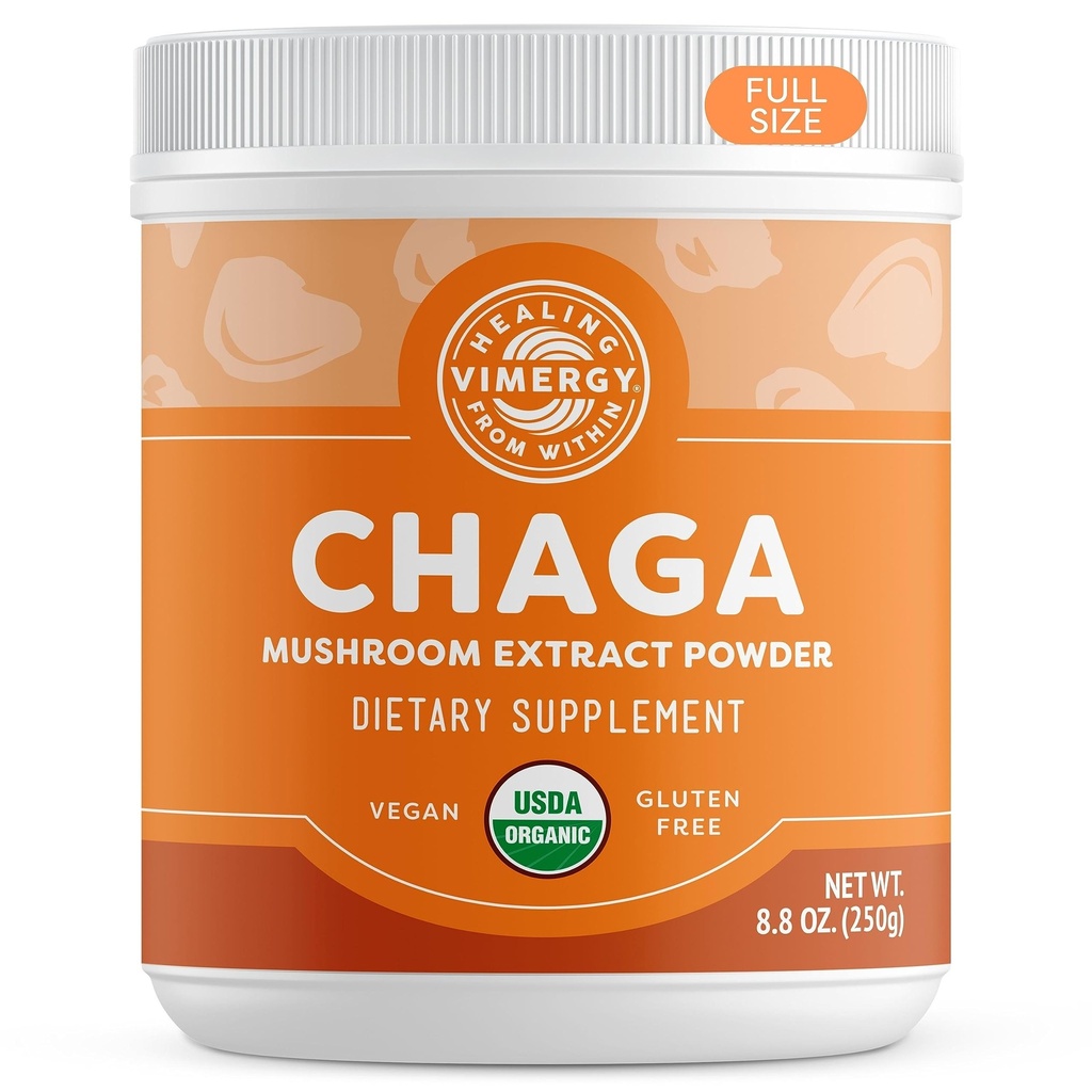 Vimergy USDA 유기 야생 Chaga 버섯 추출물 분말, 166 서빙 - 차가 차, 커피, 스무디에 이상 - 심혈관 지원 - 코셔, 비건, 글루텐 없음, Paleo - Pure Chaga, No Fillers (250g)
