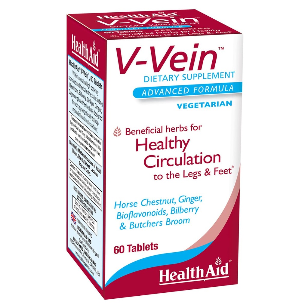 HealthAid V-Vein, 다리와 피트, 60ct, 한 번 매일, Ginkgo, 포도 씨앗, 비타민 C 및 Bilberry, Vegan을위한 건강한 순환을위한 Beneficial 영양소