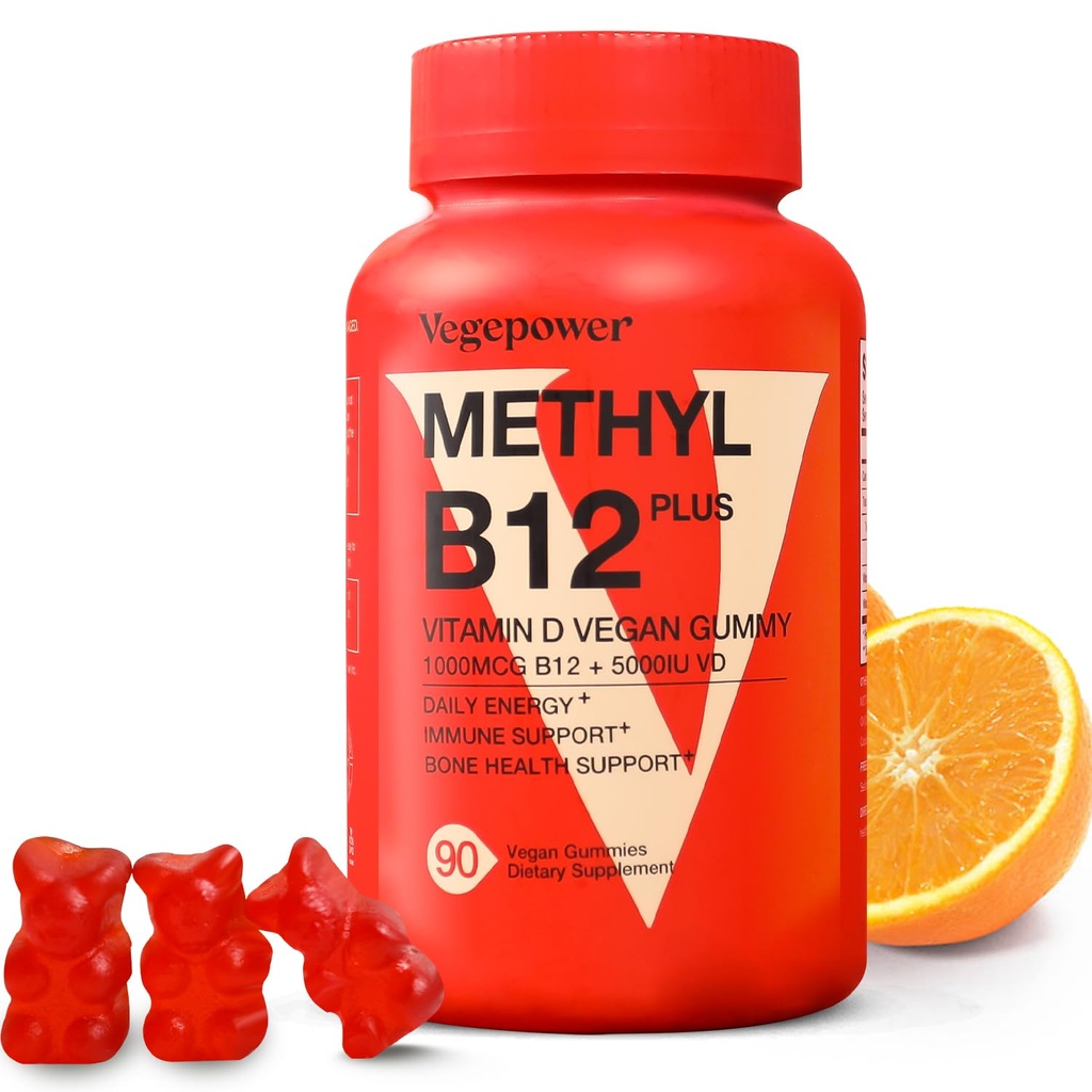 비타민 B12 D3 채식주의자 Gummies - 90 조사 I 1000 MCG 메틸 B12 & 성인 & 아이를 위한 5000 IU 비타민 D 거짓 Chewable 보충교재 - 면역력 & 매일 에너지 부스트 - 비 GMO, 오렌지