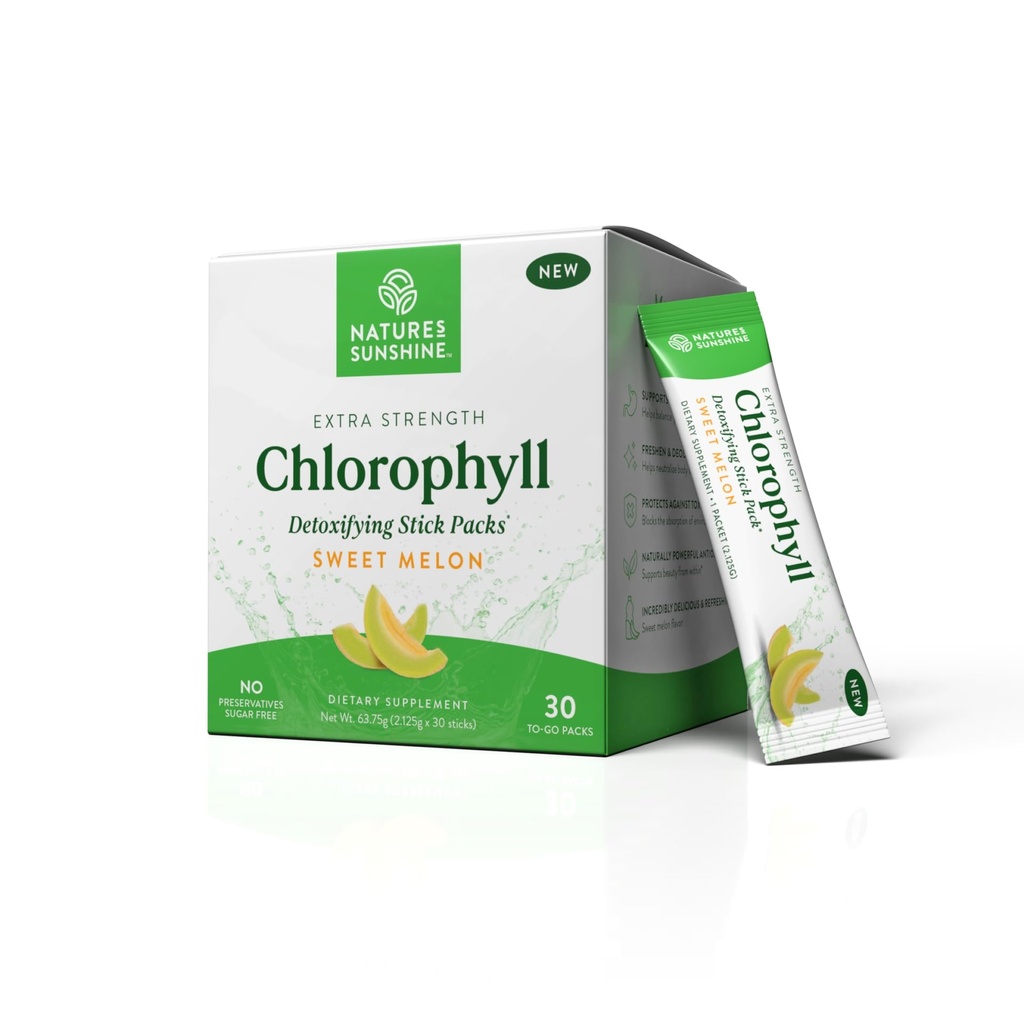 Nature's Sunshine Chlorophyll 스틱 팩 : Detox 및 Boost Gut Health를 충전하여 맛있는 스틱 팩 (단맛 멜론)
