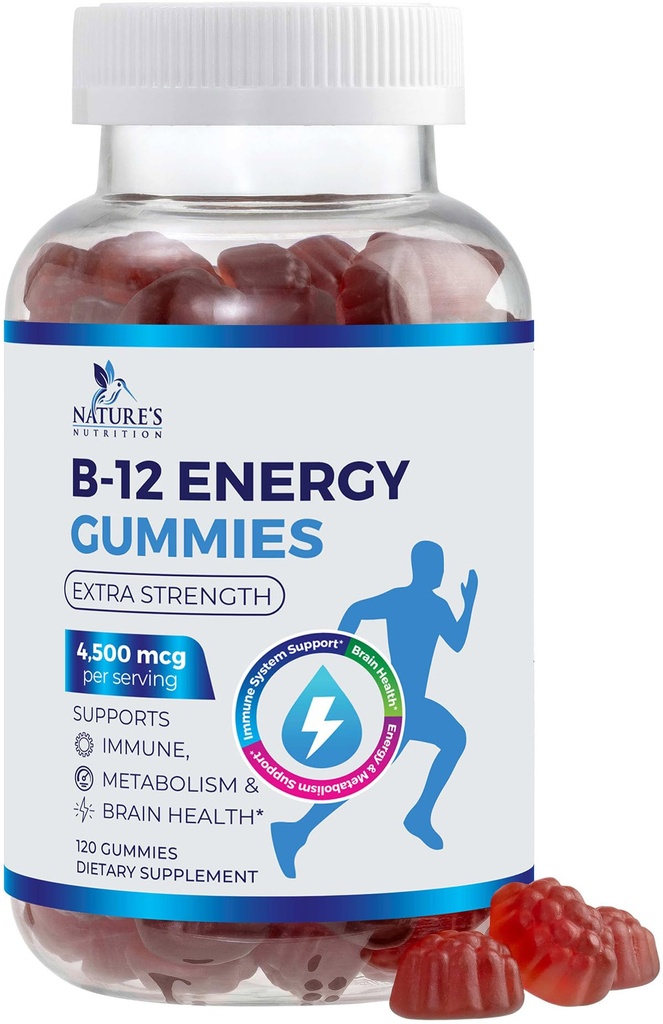 B-12 비타민 에너지 Gummies 4500mcg - 에너지 대사 & 면역 지원을 위한 여분 힘 B12 거미 Chewable - 여자, 남자, & 아이를 위한 규정식 보충교재 - 비 GMO, 채식주의자, 베리 풍미 - 120 조사