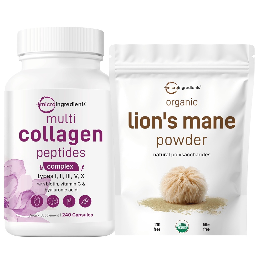 Micro Ingredients Multi Collagen Complex & Lions Mane Mushroom Supplement Powder Bundle 2 Pack | Grass-Fed Collagen Peptide | 뇌, 에너지, 면역 건강에 대한 천연 Superfood