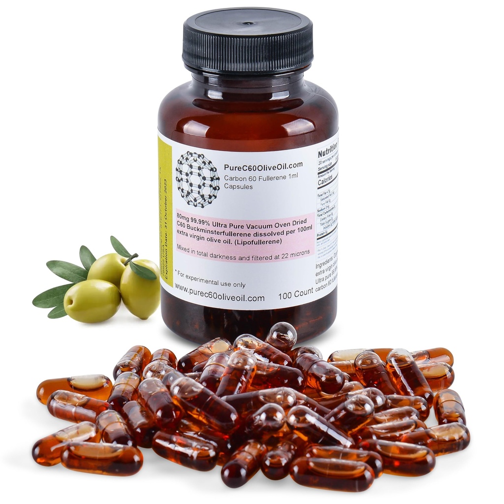 PureC60OliveOil C60 유기 올리브 오일 캡슐 약 100ml / 3.4 Fl Oz - 99.99% 탄소 60 용제 무료 80mg - 식품 등급 - 탄소 60 올리브 오일 - 리드 글로벌 프로듀서에서