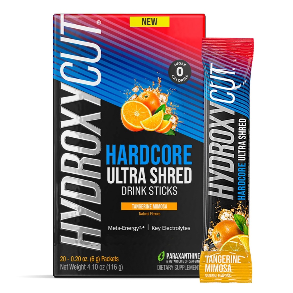 Hydroxycut 하드 코어 Ultra Shred 음료 스틱, Tangerine Mimosa - 20 Packets - Zero Sugar 또는 Calories - Paraxanthine & B 비타민 포함 - 여성 및 남성용