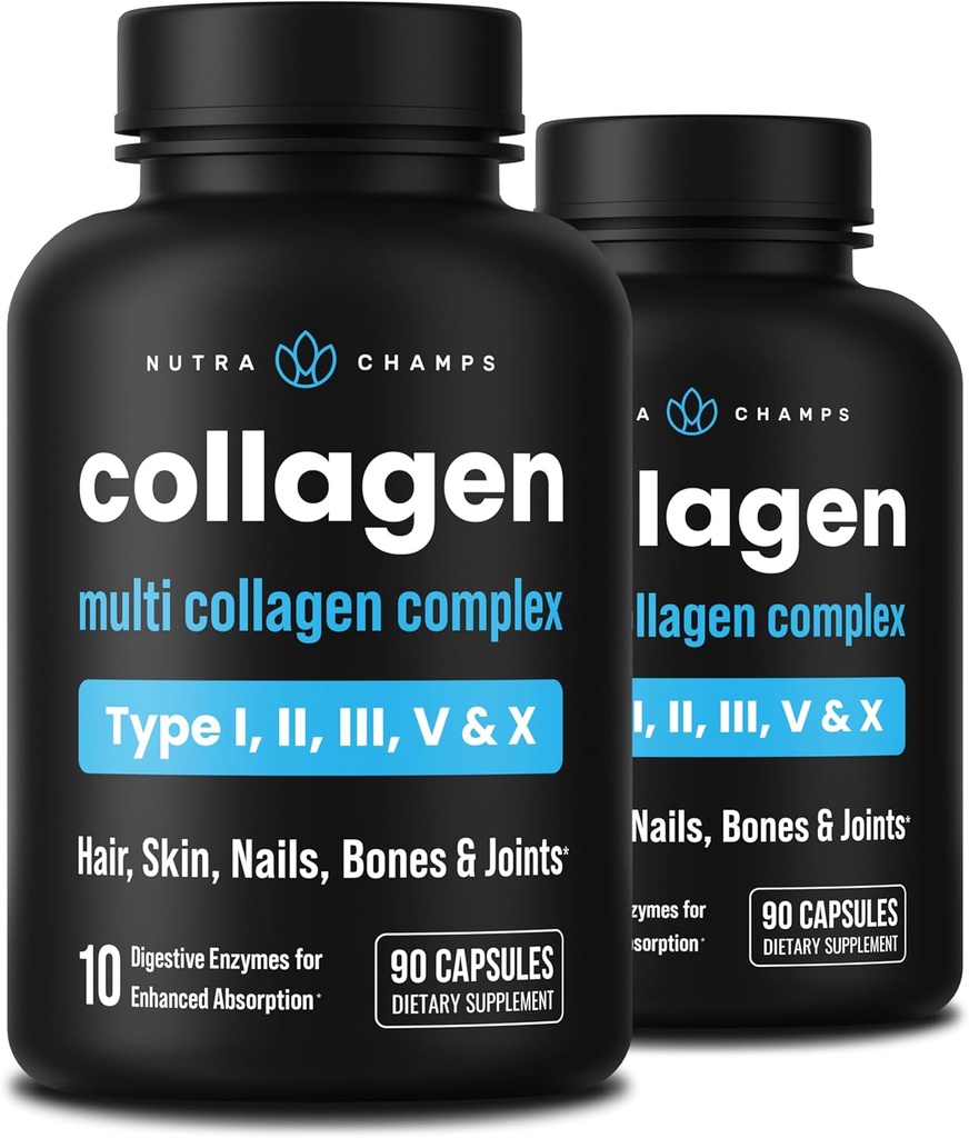 NutraChamps 다 교원질 알약, 유형 I, II, III, V, X의 두 배 가수분해된 교원질 펩티드 분말 캡슐, 여자 & 남자를 위한 단백질 보충교재, 180의 캡슐 (포장 2)