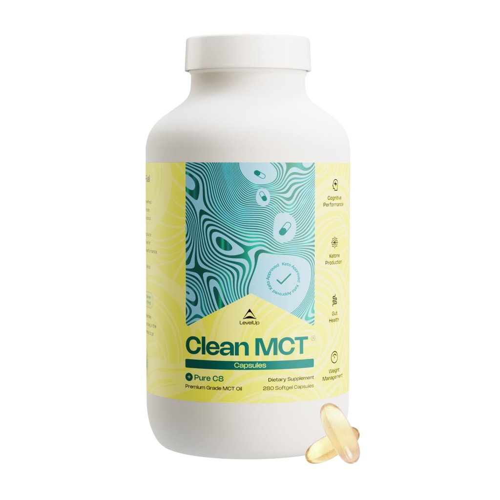 LevelUp 클린 MCT 오일 캡슐 - 에너지, 초점, 무게 관리, 과트 건강, 두뇌 Superfuel을위한 100 % Caprylic C8 - Ketogenic Diet 및 Ketones 용 Keto 보충 - 비 GMO (280 카운트)