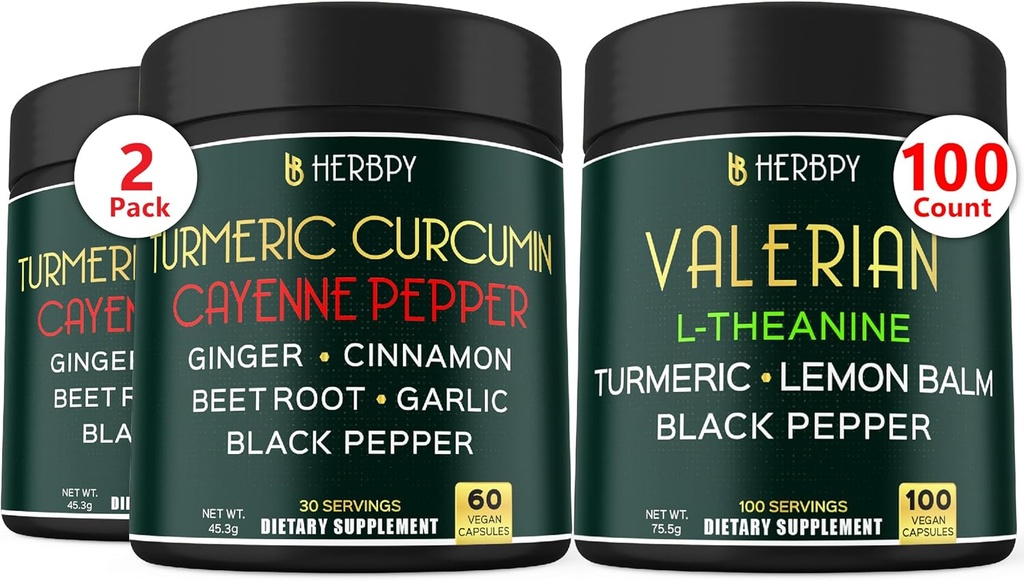번들 7in1 Turmeric Curcumin & 5in1 Valerian 뿌리 보충 - 소화, 심장 건강, 면역 및 휴식 지원