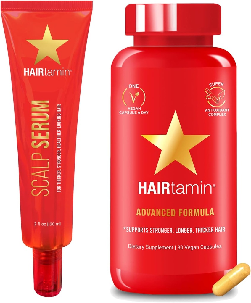 HAIRtamin Advanced Hair & Scalp Serum Pack | 헤어, 스킨, 네일 성장에 대한 모든 자연 Vegan Biotin 캡슐 및 혈청 샘플