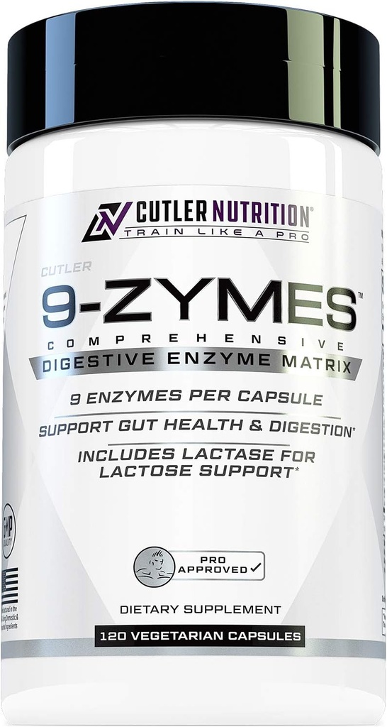 Cutler Nutrition 9-Zymes Digestive Enzyme 보충 : Bromelain, Protease, Lipase, Lactase 및 Bloating, 개선 흡수 및 감소 가스, 120 서빙 / 캡슐을 줄이기 위해 더 많은 것을 포함합니다.