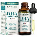 LiveWise Naturals DHA Omega-3 액체 낙하물 유아 및 유아, Vegan-Friendly Omega-3 Essential Supplement, 건강한 두뇌, 눈, 신체 방어, 아기 및 유아 영양 촉진