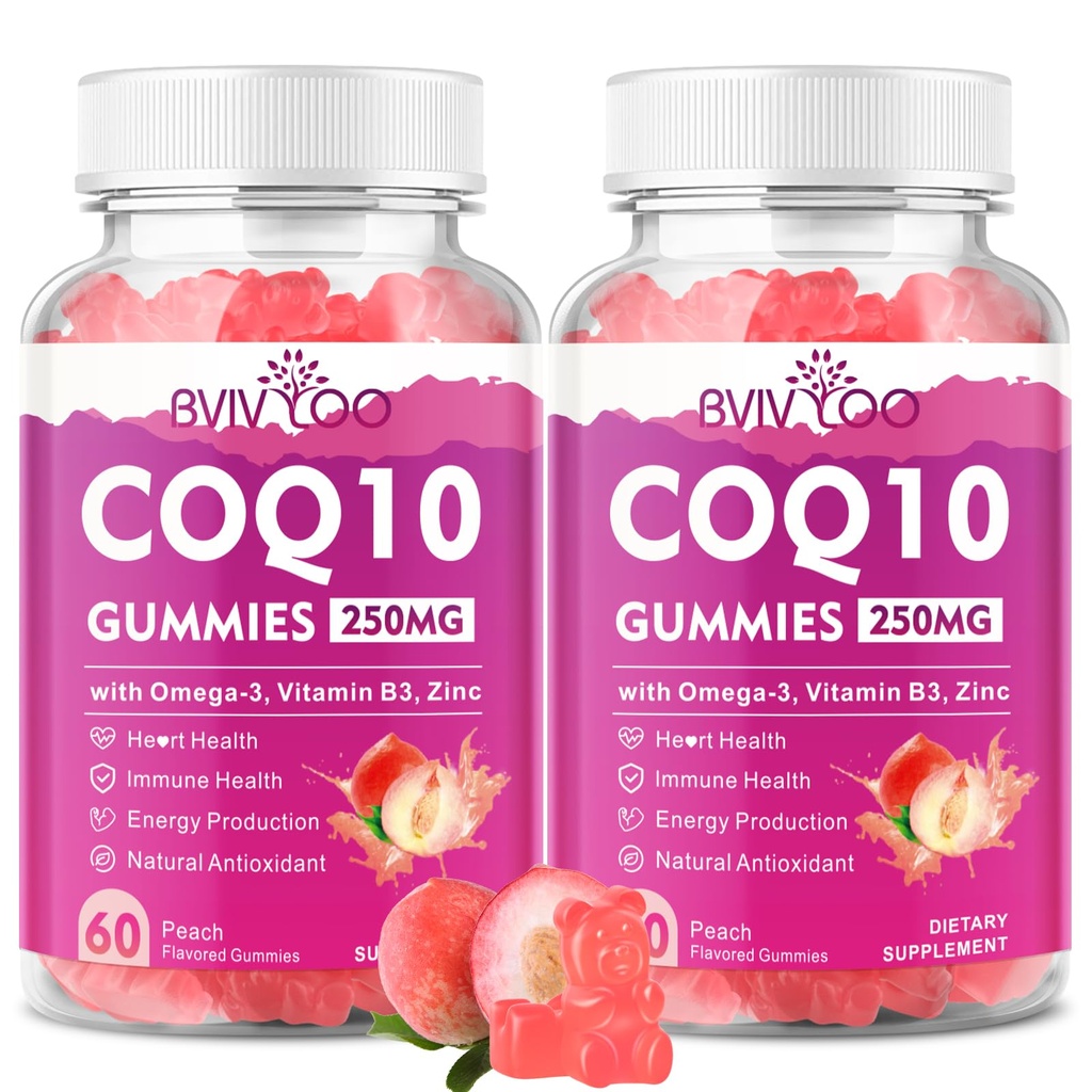 2 팩 CoQ10 Gummies 250mg, 플러스 Omega-3, 비타민 B3 & 아연, 마그네슘 - 심장 건강, 세포 에너지, & 산화 방지제 지원, 120 조사를 위한 높은 흡수 Coenzyme Q10 보충교재