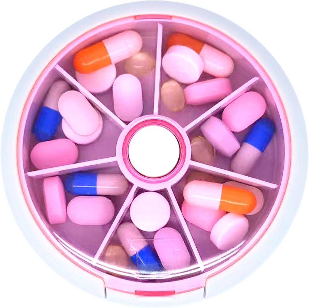Pill 주최자 Travel Pill Case for Purse Portable Pill Box Round Weekiy Pill Container for Vitamin Fish Oil Pills 보충제 (핑크)