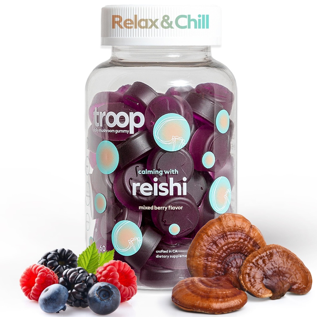 Troop Reishi 버섯 Gummies - 성인과 어린이를위한 캘거리 구미 - 스트레스, Relaxation, 면역 지원을위한 초점 보충 - 4000mg Triple-Extracted Fruiting Body - 혼합 Berry, 60 Count