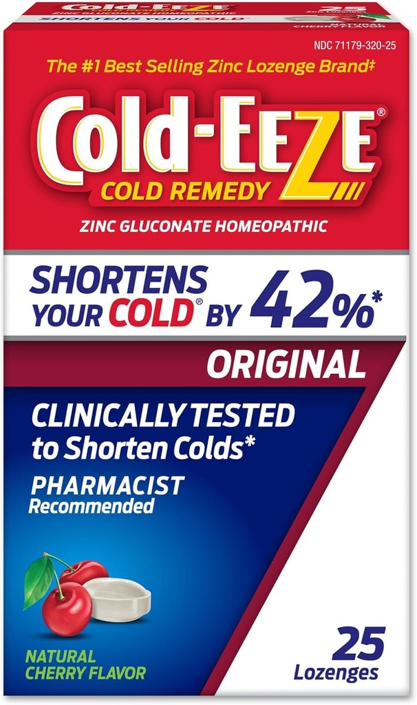 Cold-EEZE Natural Cherry 아연 Lozenges, Homeopathic Cold Remedy, Common Cold, Sore Throat, Cough, Congestion 및 Post Nasal Drip의 지속 시간을 감소, 25 Count